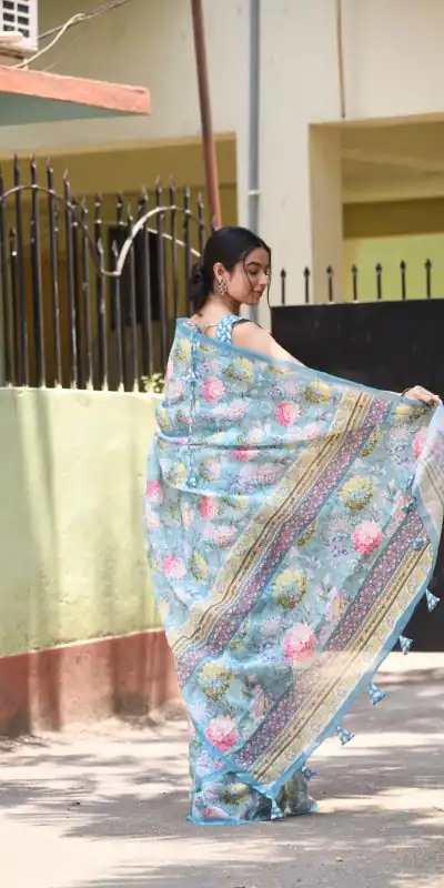 Veechis 110 Blue Color Linen Beautiful Digital Printed Work Saree Casual, Party Festive, Events. Expected Delivery 4-6 Working Days @1549/- | Bollywood Sarees, Creative Sarees, Designer Sarees, Embroidered Sarees, Modern Digital sarees, Party Wear Sarees, Sarees