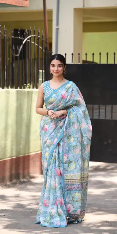 Veechis 110 Blue Color Linen Beautiful Digital Printed Work Saree Casual, Party Festive, Events. Expected Delivery 4-6 Working Days @1549/- | Bollywood Sarees, Creative Sarees, Designer Sarees, Embroidered Sarees, Modern Digital sarees, Party Wear Sarees, Sarees