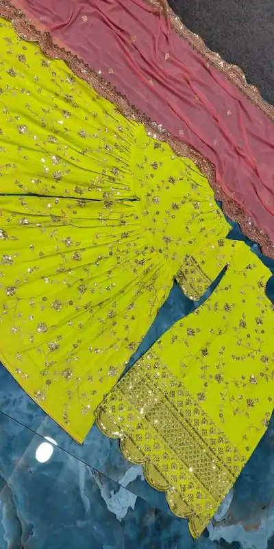 SR 1442 Parrot Green Color Heavy Georgette Embroidery Work Sharara Suit Wedding, Party, Festive, Events Etc. Expected Delivery 4-6 Working Days @1949/- | Casual Suits, Creative suits, Designer Suits, Palazzo Suits, Party Wear Suits, Salwar suit, Straight Suits