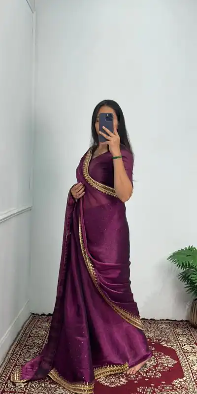 ST 470 Purple Color Burberry Foil And Zari Embroidery Work Saree Casual, Wedding, Party, Festive, Events Etc. Expected Delivery 4-6 Working Days @1799/- | Bollywood Sarees, Creative Sarees, Designer Sarees, Embroidered Sarees, Ethnic Saree, Modern Digital sarees, Party Wear Sarees, Sarees