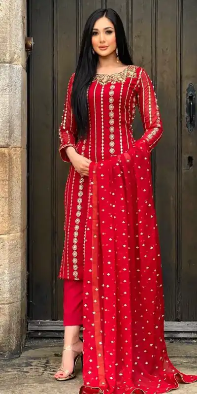NF 1212 Red color Georgette Embroidery Sequence Salwar Suit Casual, Wedding, Party, Festive, Events . Expected Delivery 4-6 Working Days @2149 | Casual Suits, Creative suits, Designer Suits, Palazzo Suits, Party Wear Suits, Patiala Suits, Salwar suit, Straight Suits