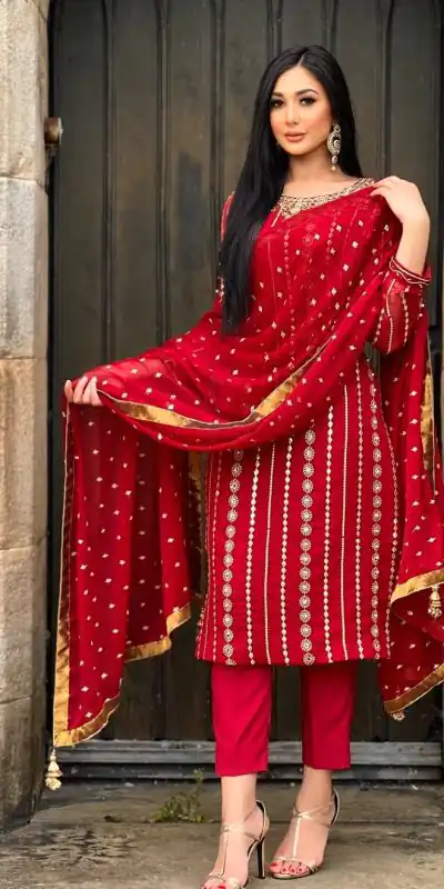 NF 1212 Red color Georgette Embroidery Sequence Salwar Suit Casual, Wedding, Party, Festive, Events . Expected Delivery 4-6 Working Days @2149 | Casual Suits, Creative suits, Designer Suits, Palazzo Suits, Party Wear Suits, Patiala Suits, Salwar suit, Straight Suits