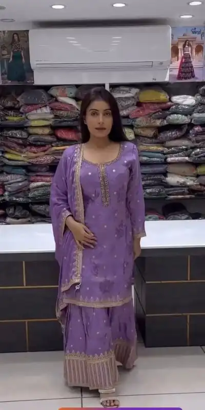 SSR 464 Violet Chinnon Silk Embroidery Sequins Sharara Suit Wedding, Party, Festive, Events Etc.   Expected Delivery 4-6 Working Days @2099/- | Casual Suits, Creative suits, Designer Suits, Palazzo Suits, Party Wear Suits, Salwar suit, Straight Suits