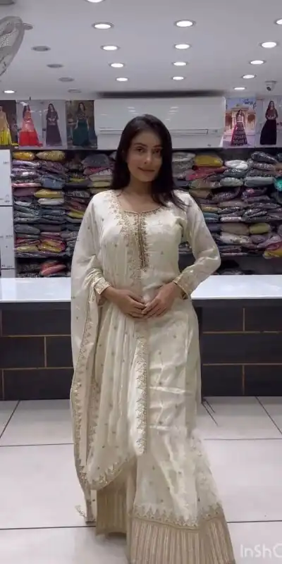 SSR 464 White Chinnon Silk Embroidery Sequins Sharara Suit Wedding, Party, Festive, Events Etc.   Expected Delivery 4-6 Working Days @2099/- | Casual Suits, Creative suits, Designer Suits, Palazzo Suits, Party Wear Suits, Salwar suit, Straight Suits