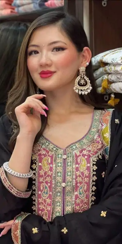 ZF 377 Black Color Chinnon Silk Embroidery Sequence Salwar Suit Casual, Wedding, Party, Events Etc. Expected Delivery 4-6 Working Days 2499/- | Casual Suits, Jump Suits, Creative suits, Designer Suits, Palazzo Suits, Party Wear Suits, Patiala Suits, Salwar suit, Straight Suits