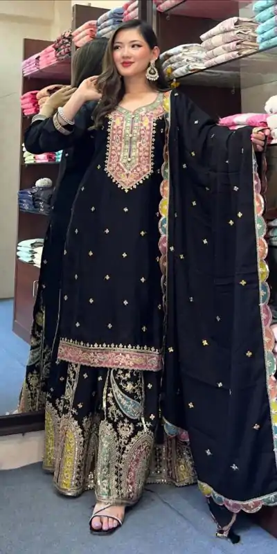 ZF 377 Black Color Chinnon Silk Embroidery Sequence Salwar Suit Casual, Wedding, Party, Events Etc. Expected Delivery 4-6 Working Days 2499/- | Casual Suits, Jump Suits, Creative suits, Designer Suits, Palazzo Suits, Party Wear Suits, Patiala Suits, Salwar suit, Straight Suits