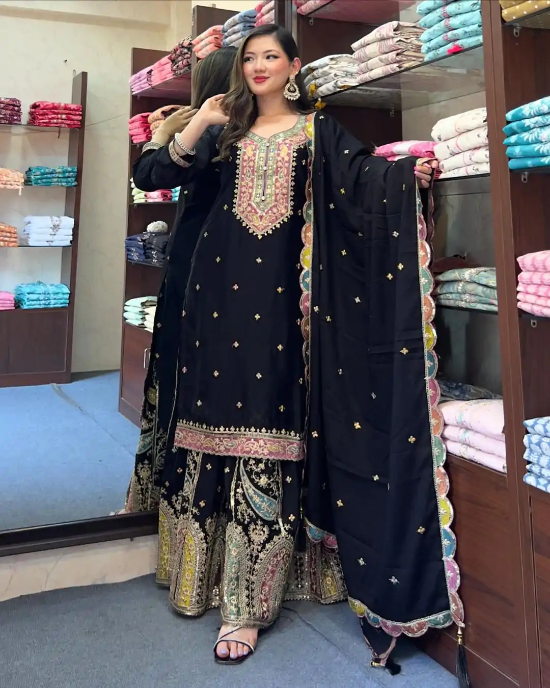 ZF 377 Black Color Chinnon Silk Embroidery Sequence Salwar Suit Casual, Wedding, Party, Events Etc. Expected Delivery 4-6 Working Days 2499/- | Casual Suits, Jump Suits, Creative suits, Designer Suits, Palazzo Suits, Party Wear Suits, Patiala Suits, Salwar suit, Straight Suits