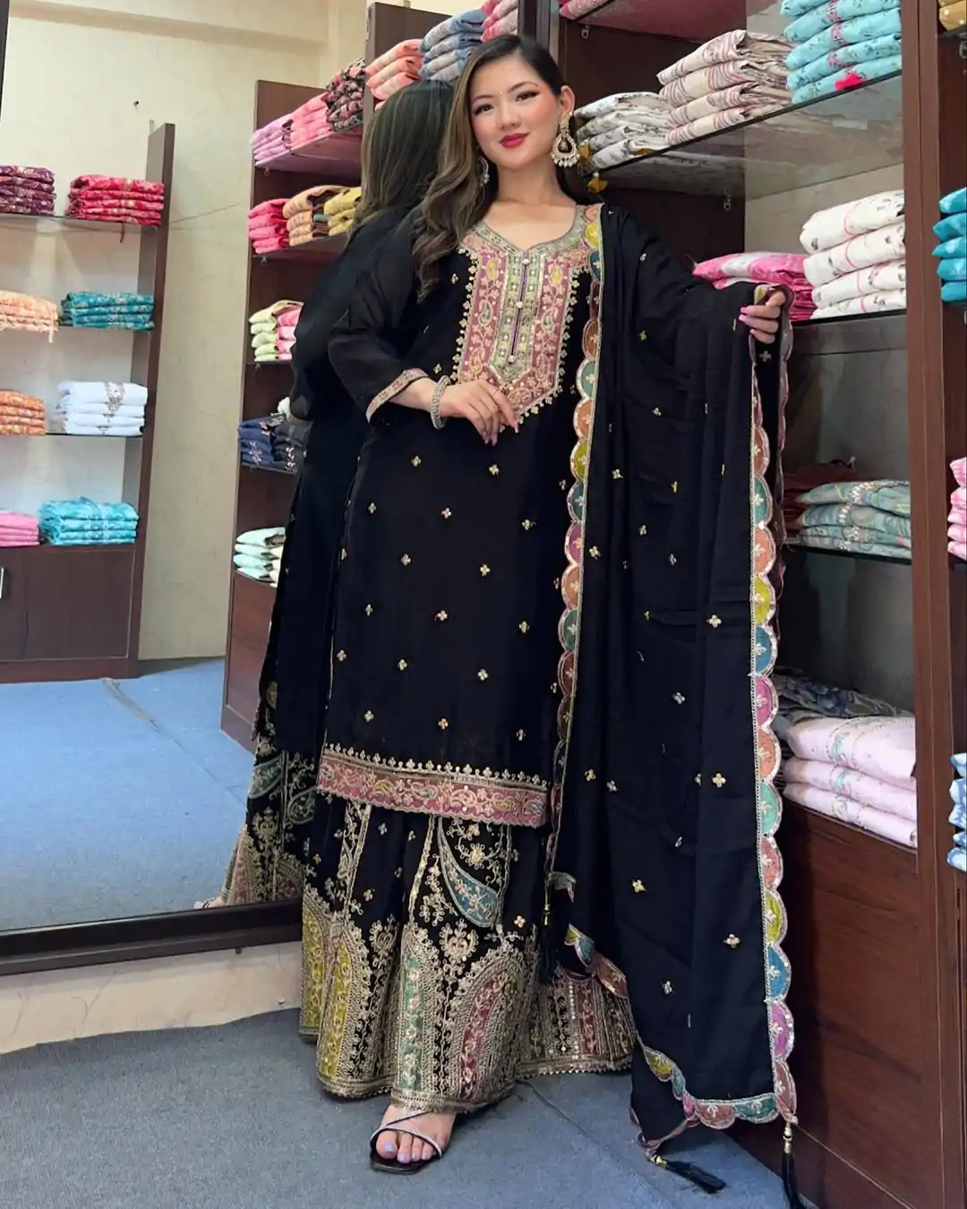 ZF 377 Black Color Chinnon Silk Embroidery Sequence Salwar Suit Casual, Wedding, Party, Events Etc. Expected Delivery 4-6 Working Days 2499/- | Casual Suits, Jump Suits, Creative suits, Designer Suits, Palazzo Suits, Party Wear Suits, Patiala Suits, Salwar suit, Straight Suits