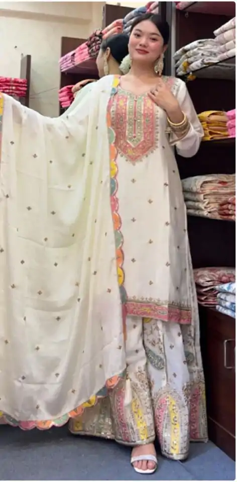 ZF 377 White Color Chinnon Silk Embroidery Sequence Salwar Suit Casual, Wedding, Party, Events Etc. Expected Delivery 4-6 Working Days 2499/- | Casual Suits, Jump Suits, Creative suits, Designer Suits, Palazzo Suits, Party Wear Suits, Patiala Suits, Salwar suit, Straight Suits