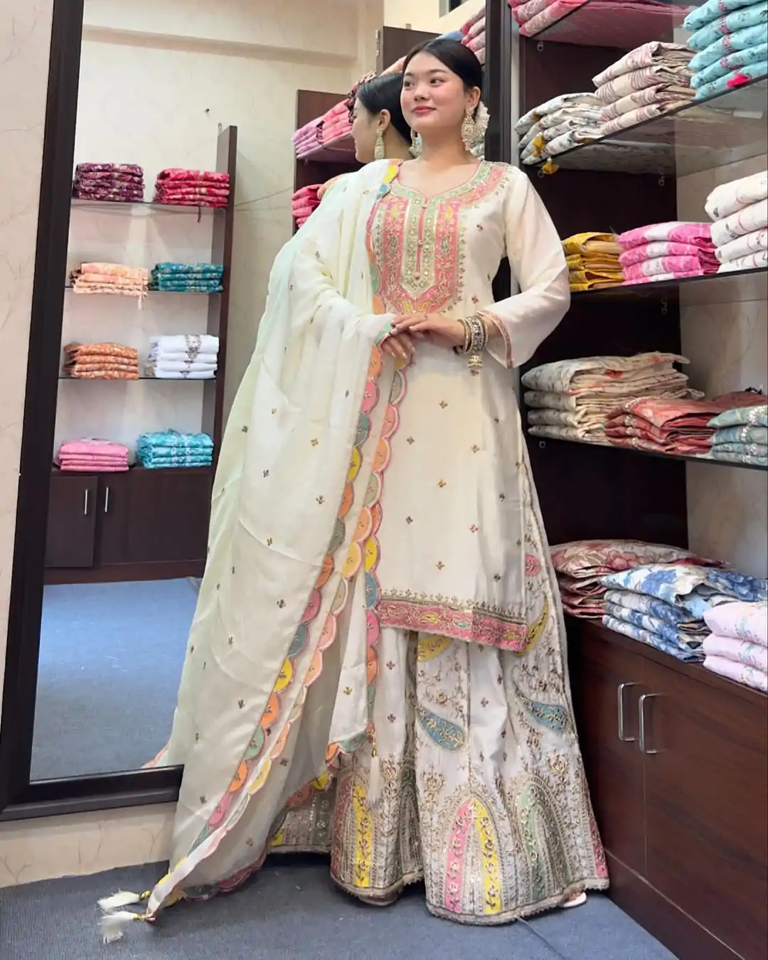ZF 377 White Color Chinnon Silk Embroidery Sequence Salwar Suit Casual, Wedding, Party, Events Etc. Expected Delivery 4-6 Working Days 2499/- | Casual Suits, Jump Suits, Creative suits, Designer Suits, Palazzo Suits, Party Wear Suits, Patiala Suits, Salwar suit, Straight Suits