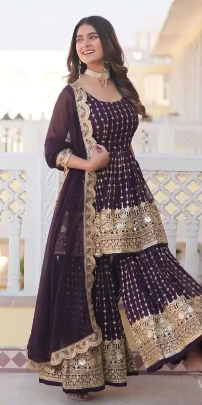 DC G52 Wine Color Georgette Sequence Embroidery Gown Casual, Wedding, Party, Festive, Events Etc. Expected Delivery 4-6 Working Days @2499/- | Casual Suits, Creative suits, Jump Suits, Designer Suits, Palazzo Suits, Party Wear Suits, Patiala Suits, Salwar suit, Straight Suits