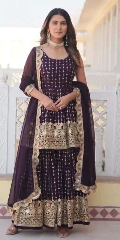 DC G52 Wine Color Georgette Sequence Embroidery Gown Casual, Wedding, Party, Festive, Events Etc. Expected Delivery 4-6 Working Days @2499/- | Casual Suits, Creative suits, Jump Suits, Designer Suits, Palazzo Suits, Party Wear Suits, Patiala Suits, Salwar suit, Straight Suits