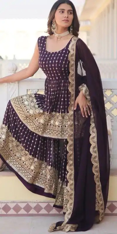   DC G52 Wine Color Georgette Sequence Embroidery Gown Casual, Wedding, Party, Festive, Events Etc. Expected Delivery 4-6 Working Days @2499/- | Casual Suits, Creative suits, Jump Suits, Designer Suits, Palazzo Suits, Party Wear Suits, Patiala Suits, Salwar suit, Straight Suits