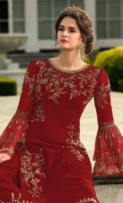 DS 0022832 Red color Georgette Embroidered Sequence Salwar Suit Casual, Wedding, Party, Festive, Events . Expected Delivery 4-6 Working Days @1899/- | Casual Suits, Creative suits, Designer Suits, Palazzo Suits, Party Wear Suits, Patiala Suits, Salwar suit, Straight Suits