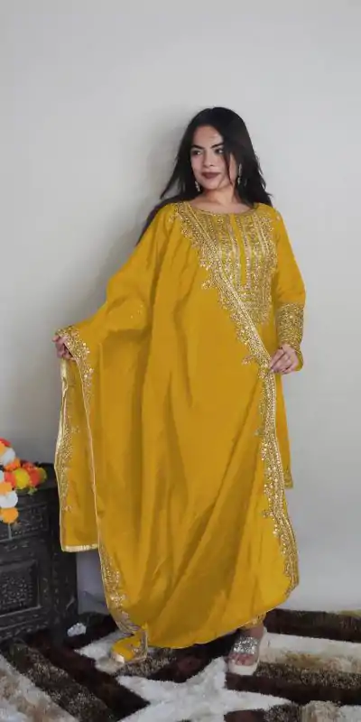 SRK 5151 Yellow Color Pure Chinnon Silk Embroidery Sequence Salwar Suit Wedding, Party, Festive, Events Expected Delivery 4-6 Working Days @ 1949/- | Casual Suits, Creative suits, Jump Suits, Designer Suits, Palazzo Suits, Party Wear Suits, Patiala Suits, Salwar suit, Straight Suits