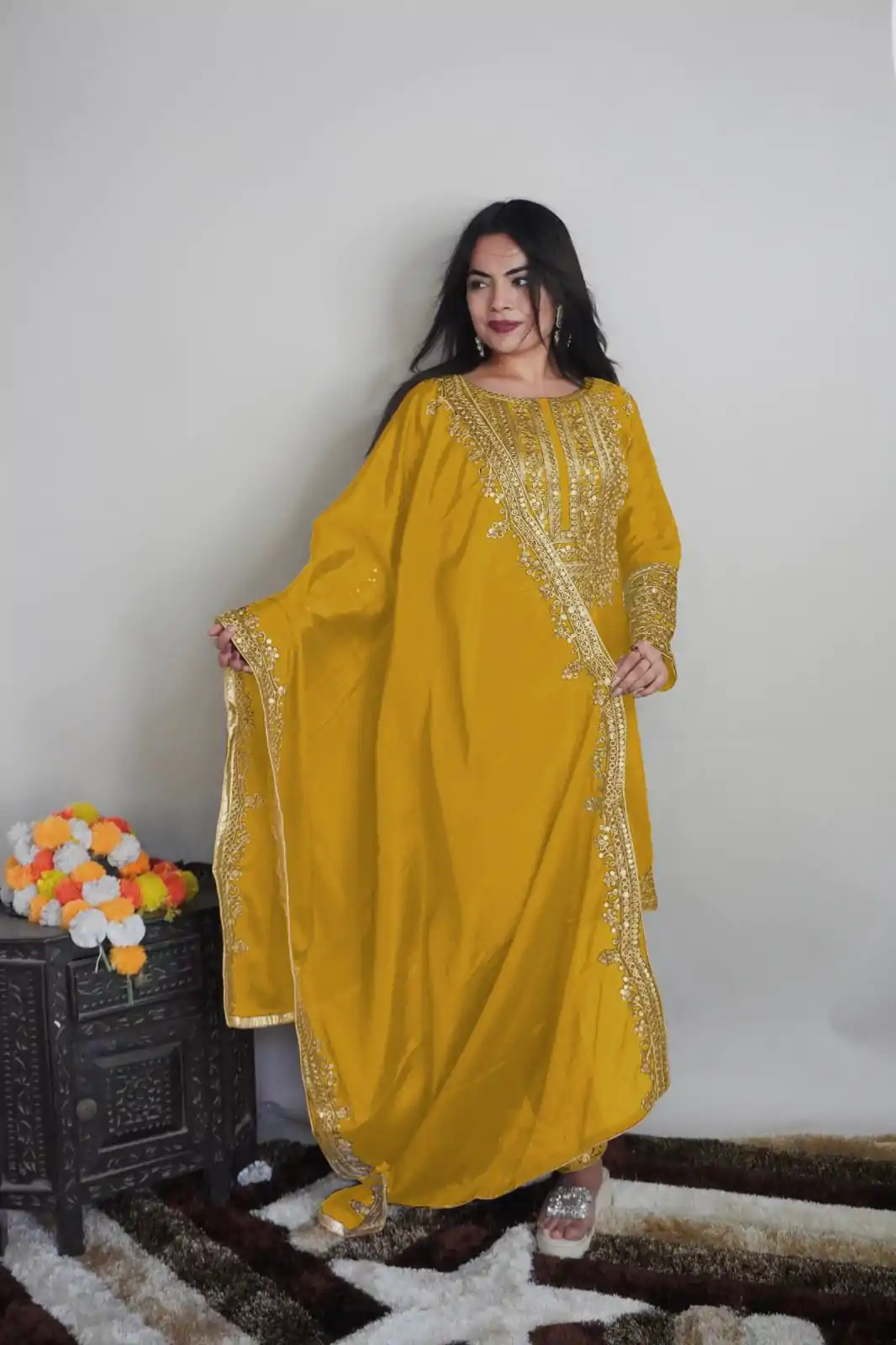 SRK 5151 Yellow Color Pure Chinnon Silk Embroidery Sequence Salwar Suit Wedding, Party, Festive, Events Expected Delivery 4-6 Working Days @ 1949/- | Casual Suits, Creative suits, Jump Suits, Designer Suits, Palazzo Suits, Party Wear Suits, Patiala Suits, Salwar suit, Straight Suits