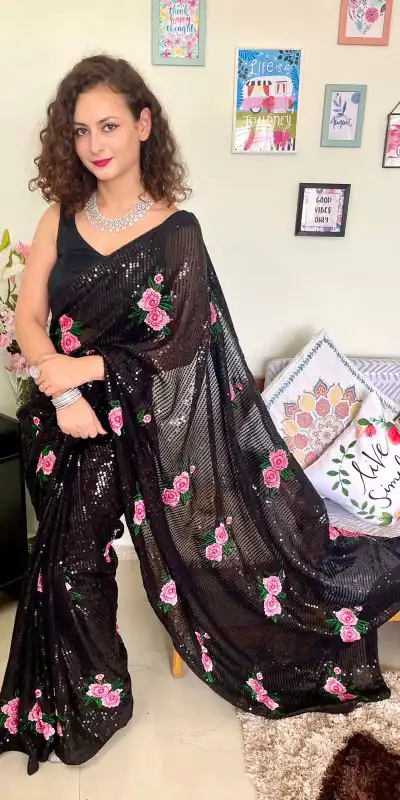 AC SEQUENCE Black  Color Georgette Sequence Multi Thread Work Saree Casual, Wedding, Festive, Events Expected Delivery 4-6 Working Days @1899 /- | Bollywood Sarees, Creative Sarees, Designer Sarees, Embroidered Sarees, Ethnic Saree, Modern Digital sarees, Party Wear Sarees, Sarees