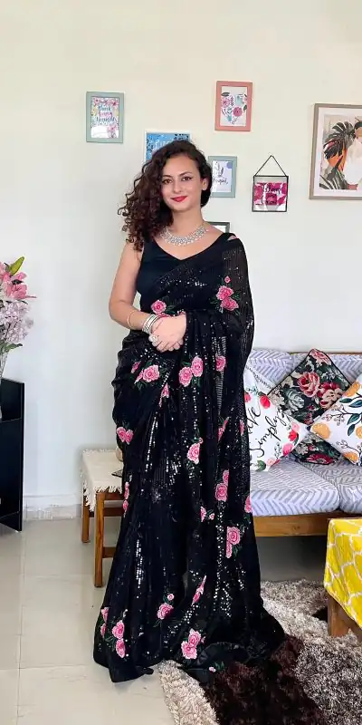 AC SEQUENCE Black  Color Georgette Sequence Multi Thread Work Saree Casual, Wedding, Festive, Events Expected Delivery 4-6 Working Days @1899 /- | Bollywood Sarees, Creative Sarees, Designer Sarees, Embroidered Sarees, Ethnic Saree, Modern Digital sarees, Party Wear Sarees, Sarees
