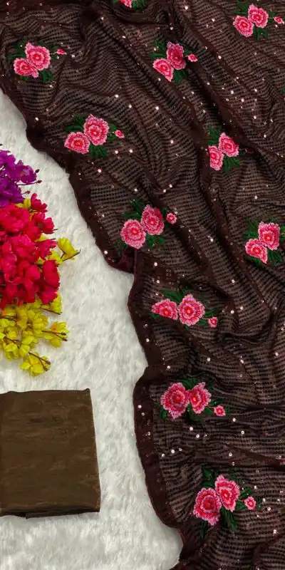 AC SEQUENCE Coffee Color Georgette Sequence Multi Thread Work Saree Casual, Wedding, Festive, Events Expected Delivery 4-6 Working Days @1899 /- | Bollywood Sarees, Creative Sarees, Designer Sarees, Embroidered Sarees, Ethnic Saree, Modern Digital sarees, Party Wear Sarees, Sarees