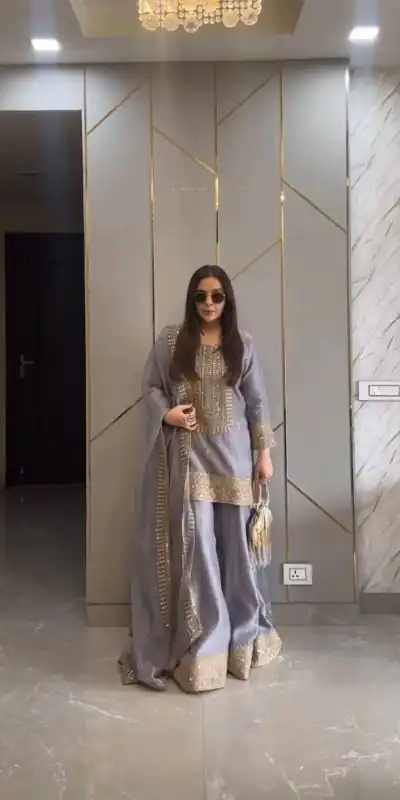 ZF 374 Grey Color Chinnon Silk Embroidery Sequence Salwar Suit Casual, Wedding, Party, Events Etc. Expected Delivery 4-6 Working Days 2099/- | Jump Suits, Casual Suits, Creative suits, Designer Suits, Palazzo Suits, Party Wear Suits, Patiala Suits, Salwar suit, Straight Suits