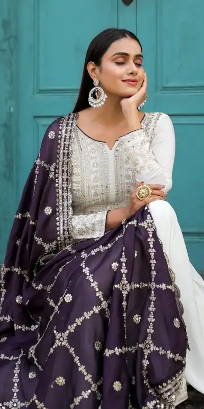 AD157 White & Violet Color Chinon Silk Embroidery Sequence Salwar Suit Wedding, Party, Festive, Events Expected Delivery 4-6 Working Days @ 2099/- | Casual Suits, Creative suits, Designer Suits, Palazzo Suits, Party Wear Suits, Patiala Suits, Salwar suit, Straight Suits