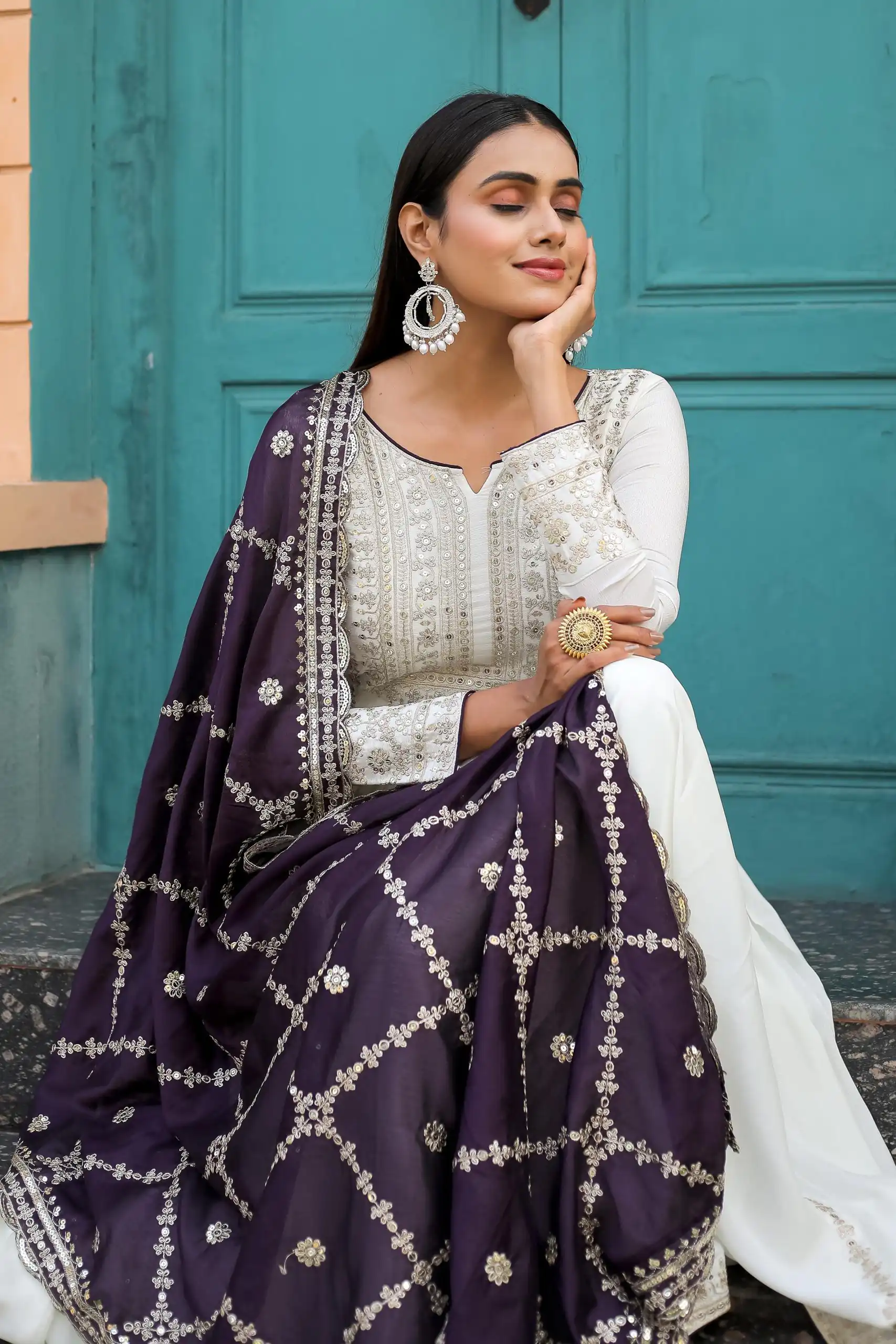 AD157 White & Violet Color Chinon Silk Embroidery Sequence Salwar Suit Wedding, Party, Festive, Events Expected Delivery 4-6 Working Days @ 2099/- | Casual Suits, Creative suits, Designer Suits, Palazzo Suits, Party Wear Suits, Patiala Suits, Salwar suit, Straight Suits