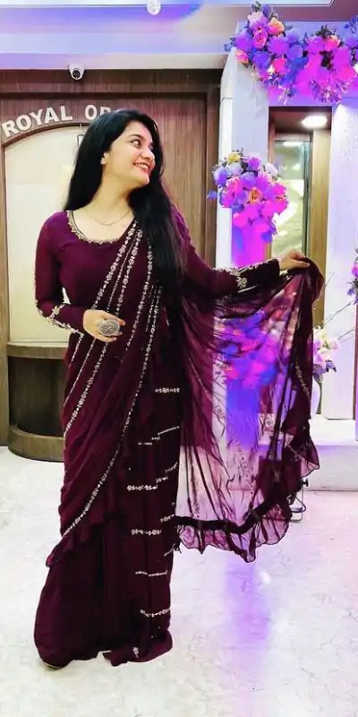 ST 1004 Purple Color Georgette Separate Ruffle Pallu Lehenga Saree Wedding, Party, Festive, Events Etc. Expected Delivery 4-6 Working Days @2099/- | Bollywood Lehenga, Creative Lehenga, Designer Lehenga, Embroidered Lehenga, Lehenga, Party Wear Lehenga