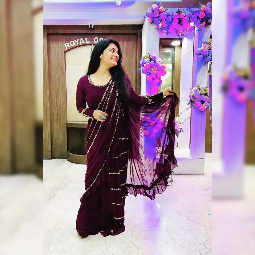 ST 1004 Purple Color Georgette Separate Ruffle Pallu Lehenga Saree Wedding, Party, Festive, Events Etc. Expected Delivery 4-6 Working Days @2099/- | Bollywood Lehenga, Creative Lehenga, Designer Lehenga, Embroidered Lehenga, Lehenga, Party Wear Lehenga