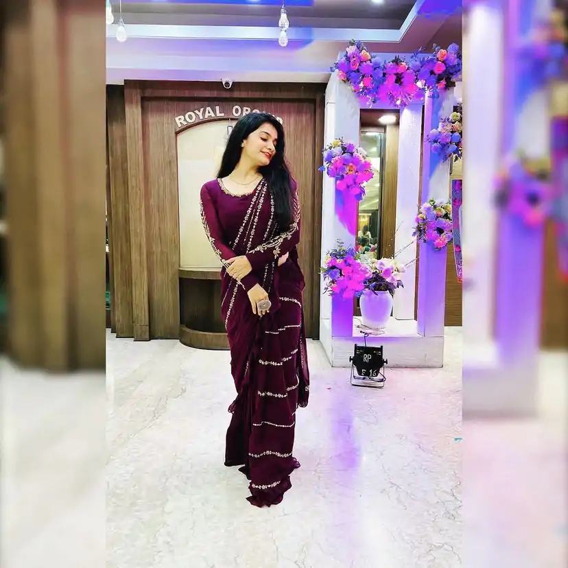 ST 1004 Purple Color Georgette Separate Ruffle Pallu Lehenga Saree Wedding, Party, Festive, Events Etc. Expected Delivery 4-6 Working Days @2099/- | Bollywood Lehenga, Creative Lehenga, Designer Lehenga, Embroidered Lehenga, Lehenga, Party Wear Lehenga