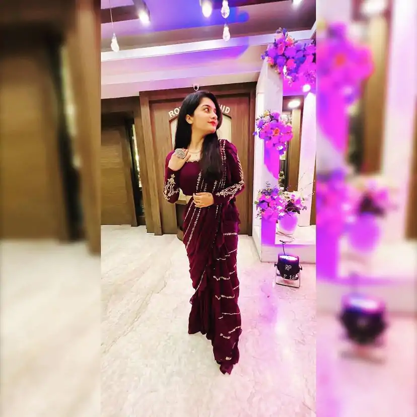 ST 1004 Purple Color Georgette Separate Ruffle Pallu Lehenga Saree Wedding, Party, Festive, Events Etc. Expected Delivery 4-6 Working Days @2099/- | Bollywood Lehenga, Creative Lehenga, Designer Lehenga, Embroidered Lehenga, Lehenga, Party Wear Lehenga