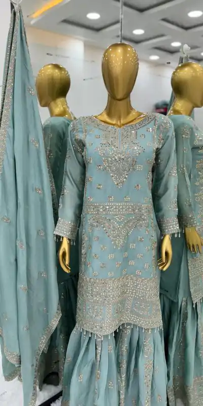 ZSR-3066 Blue Color Chinnon Embroidery Sequence Salwar Suit Casual, Wedding, Festive, Events Expected Delivery 4-6 Working Days @2199/- | Casual Suits, Jump Suits, Creative suits, Designer Suits, Palazzo Suits, Party Wear Suits, Patiala Suits, Salwar suit, Straight Suits