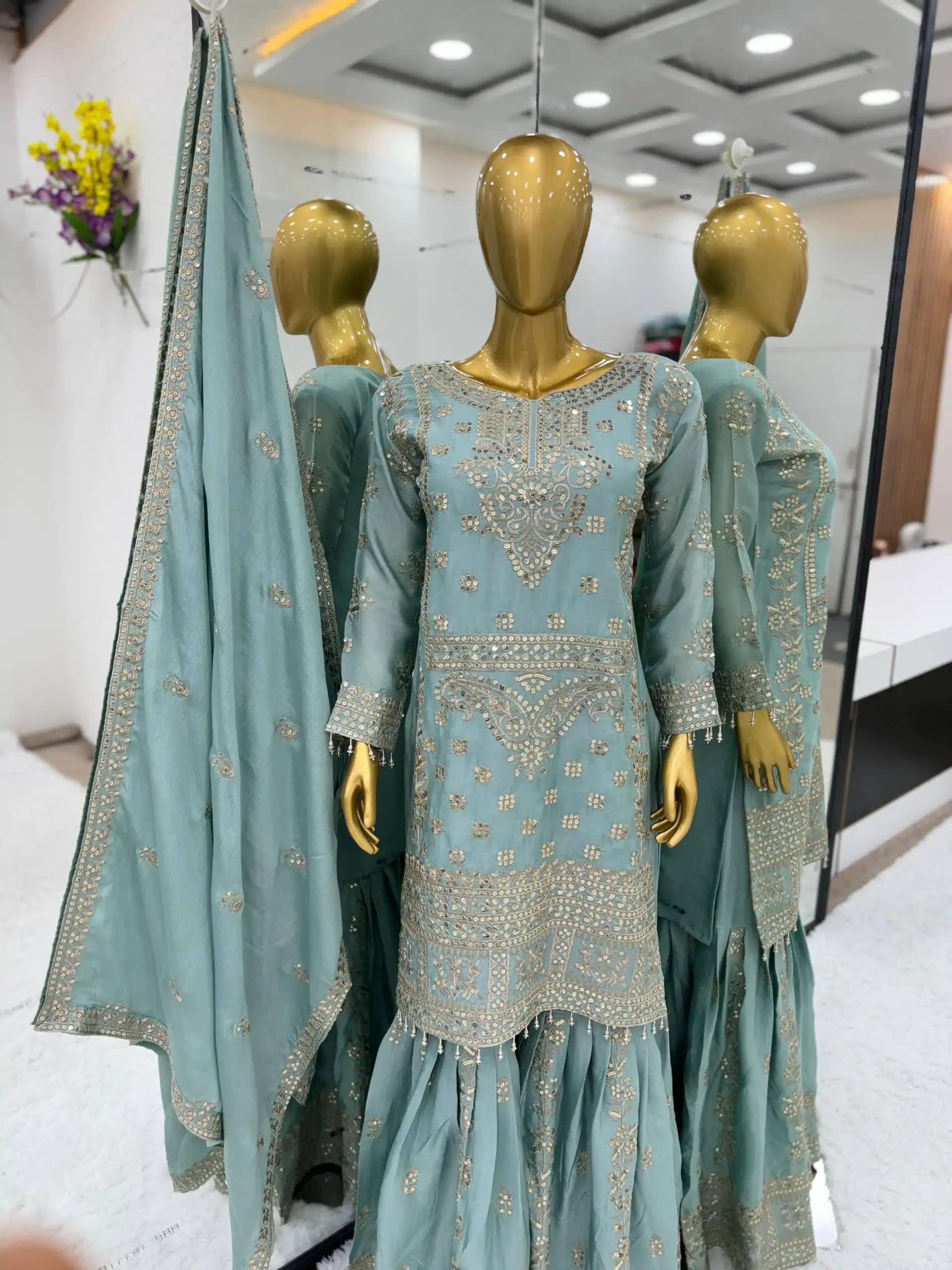  ZSR-3066 Blue Color Chinnon Embroidery Sequence Salwar Suit Casual, Wedding, Festive, Events Expected Delivery 4-6 Working Days @2199/- | Casual Suits, Jump Suits, Creative suits, Designer Suits, Palazzo Suits, Party Wear Suits, Patiala Suits, Salwar suit, Straight Suits