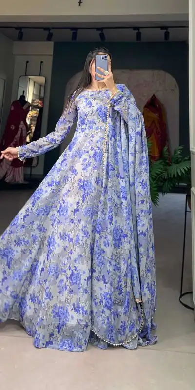 YNF 5008 Blue Color Georgette Floral Printed Work Gown Casual, Wedding Festive, Events, Designer Party Wear Expected Delivery 4-6 Working Days @2149/- | Bollywood Gowns, Creative Gowns, Designer Gowns, Embroidered Gowns, Gowns, Party Wear Gowns