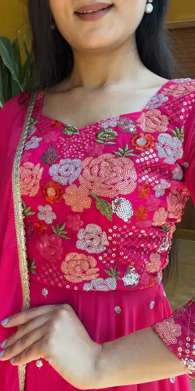 Ram 007 Pink Color Fox Georgette Embroidery Lace Work Gown Casual, Wedding, Party, Festive, Events Etc. Expected Delivery 4-6 Working Days @2049/- | Bollywood Gowns, Creative Gowns, Designer Gowns, Embroidered Gowns, Gowns, Party Wear Gowns