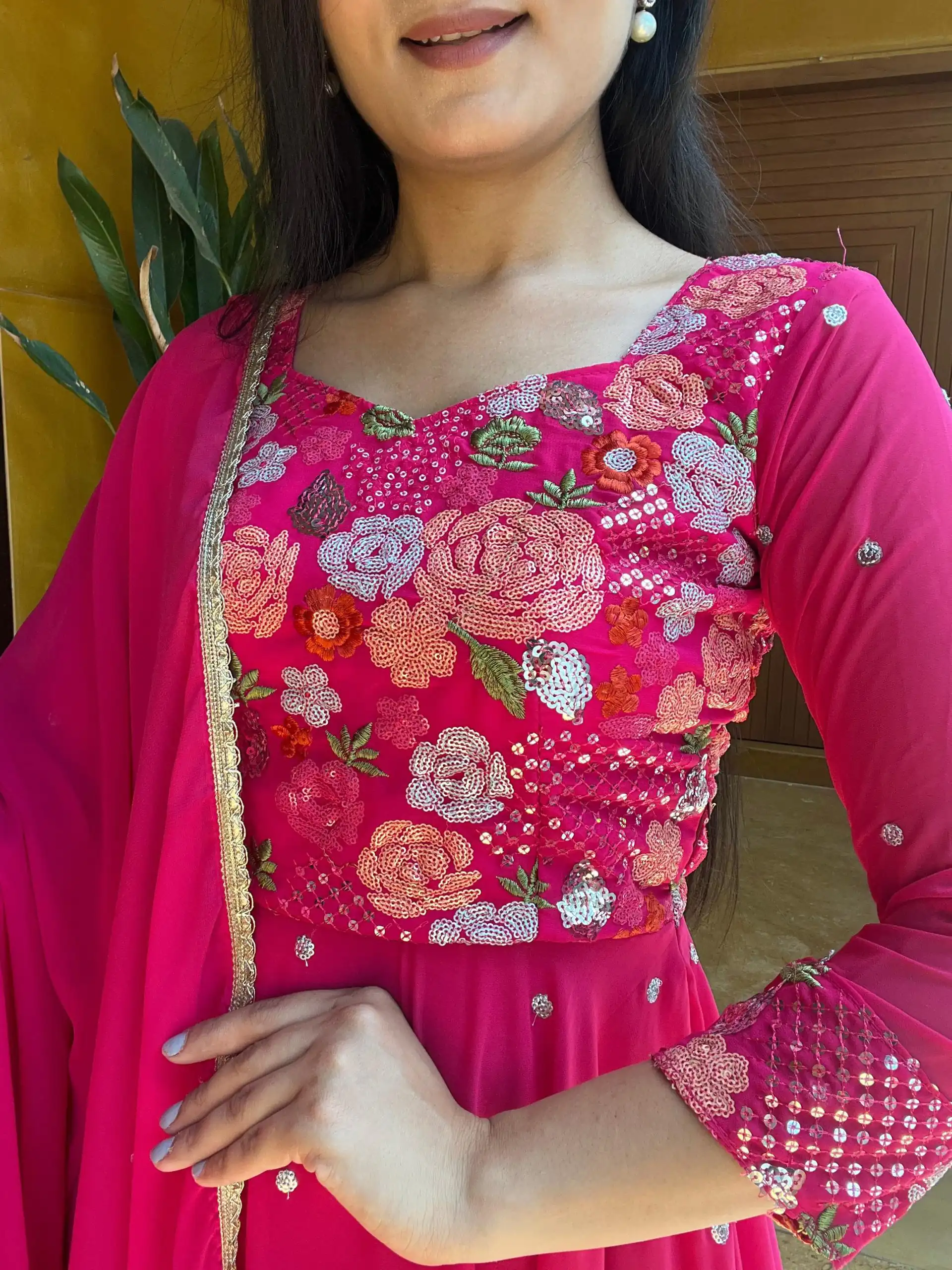   Ram 007 Pink Color Fox Georgette Embroidery Lace Work Gown Casual, Wedding, Party, Festive, Events Etc. Expected Delivery 4-6 Working Days @2049/- | Bollywood Gowns, Creative Gowns, Designer Gowns, Embroidered Gowns, Gowns, Party Wear Gowns