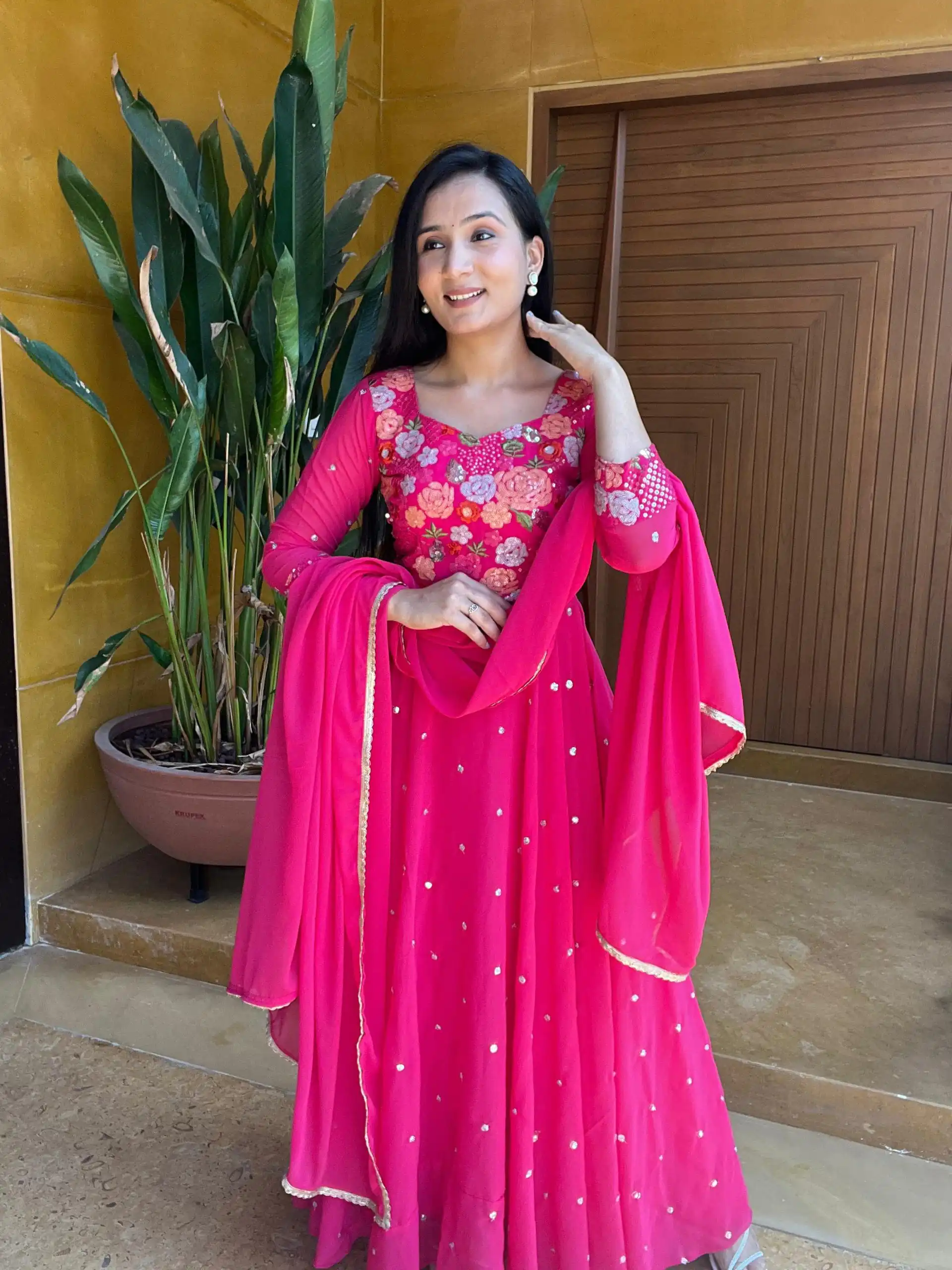   Ram 007 Pink Color Fox Georgette Embroidery Lace Work Gown Casual, Wedding, Party, Festive, Events Etc. Expected Delivery 4-6 Working Days @2049/- | Bollywood Gowns, Creative Gowns, Designer Gowns, Embroidered Gowns, Gowns, Party Wear Gowns