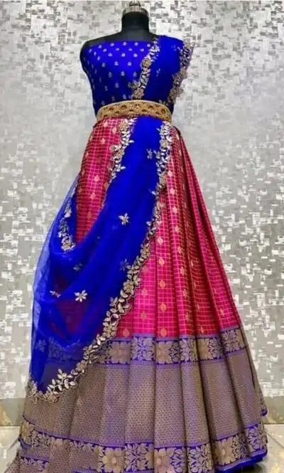 SC Mohini Pink Color Kanjivaram Silk Zari Design Half Saree , Party Wear, Events, Festivals Expected Delivery 4-6 Working Days 1749/- | Bollywood Lehenga, Creative Lehenga, Designer Lehenga, Embroidered Lehenga, Lehenga, Party Wear Lehenga