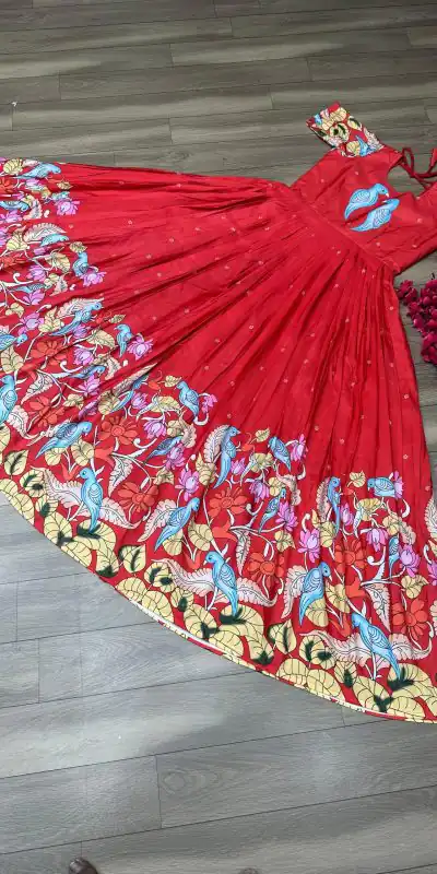 PC 307 Red Color Chant Crepe Kalamkari Printed Gown Casual, Party Wear, Events, Festivals Wear Etc. Expected Delivery 4-6 Working Days @1899/- | Anarkali Suits