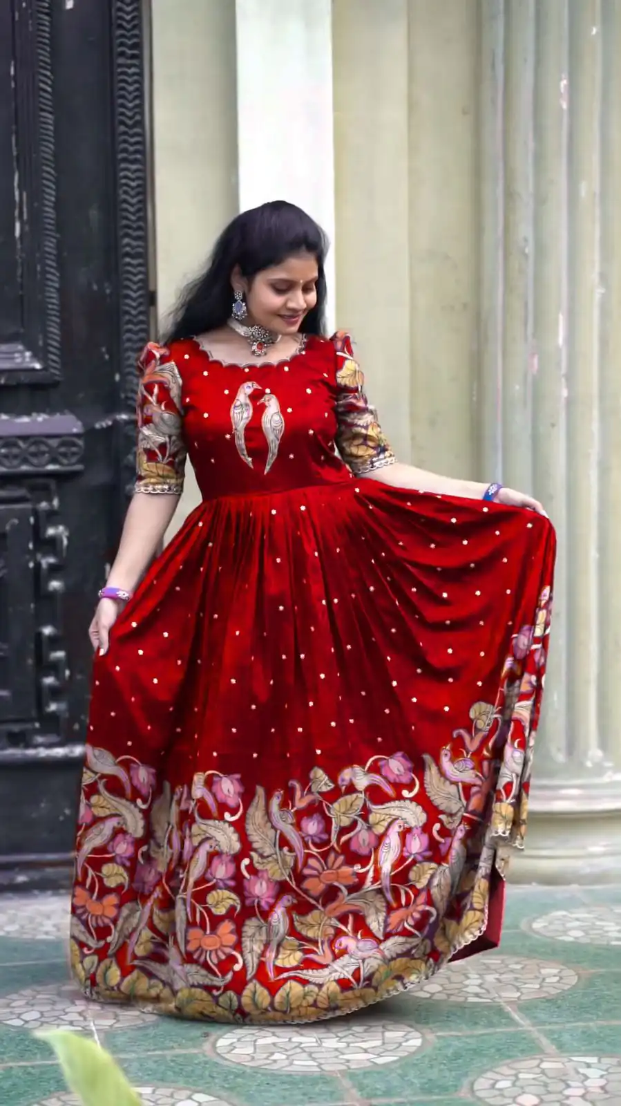 PC 307 Red Color Chant Crepe Kalamkari Printed Gown Casual, Party Wear, Events, Festivals Wear Etc. Expected Delivery 4-6 Working Days @1899/- | Anarkali Suits