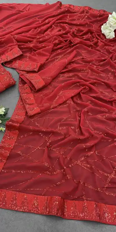 DF 3397 Red Color Georgette Sequins Embroidery Work Saree Casual, Party Wear, Wedding, Events Etc Delivery Expected.4-6 Working Days 1799/- | Bollywood Sarees, Creative Sarees, Designer Sarees, Embroidered Sarees, Ethnic Saree, Modern Digital sarees, Party Wear Sarees, Sarees