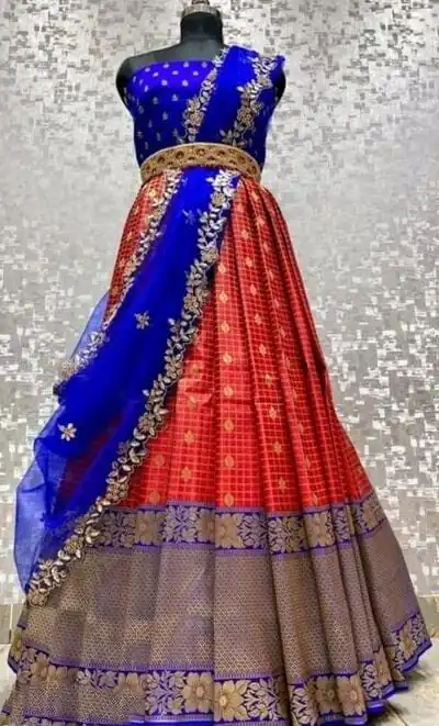 SC Mohini Red  Color Kanjivaram Silk Zari Design Half Saree , Party Wear, Events, Festivals Expected Delivery 4-6 Working Days 1749/- | Bollywood Lehenga, Creative Lehenga, Designer Lehenga, Embroidered Lehenga, Lehenga, Party Wear Lehenga