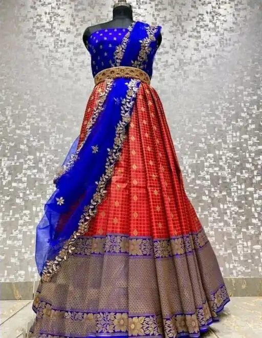 SC Mohini Red Color Kanjivaram Silk Zari Design Half Saree , Party Wear, Events, Festivals Expected Delivery 4-6 Working Days 1749/- | Bollywood Lehenga, Creative Lehenga, Designer Lehenga, Embroidered Lehenga, Lehenga, Party Wear Lehenga