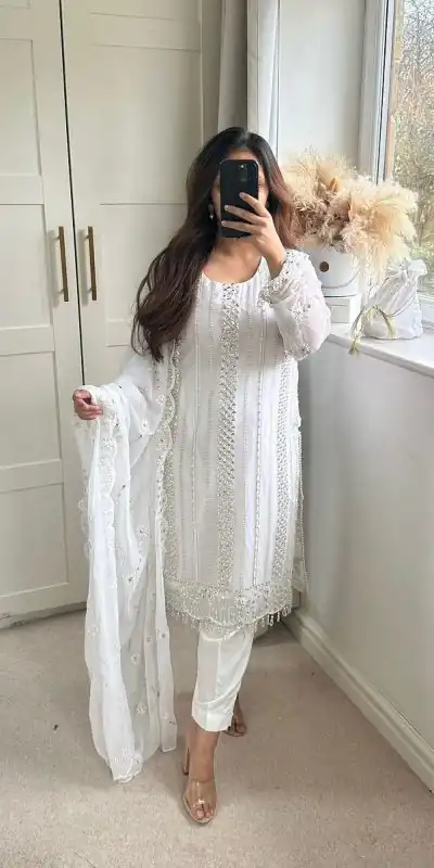NF 1198 White color Faux Georgette Embroidery Salwar Suit Casual, Wedding, Party, Festive, Events . Expected Delivery 4-6 Working Days @2199 | Jump Suits, Casual Suits, Creative suits, Designer Suits, Palazzo Suits, Party Wear Suits, Patiala Suits, Salwar suit, Straight Suits