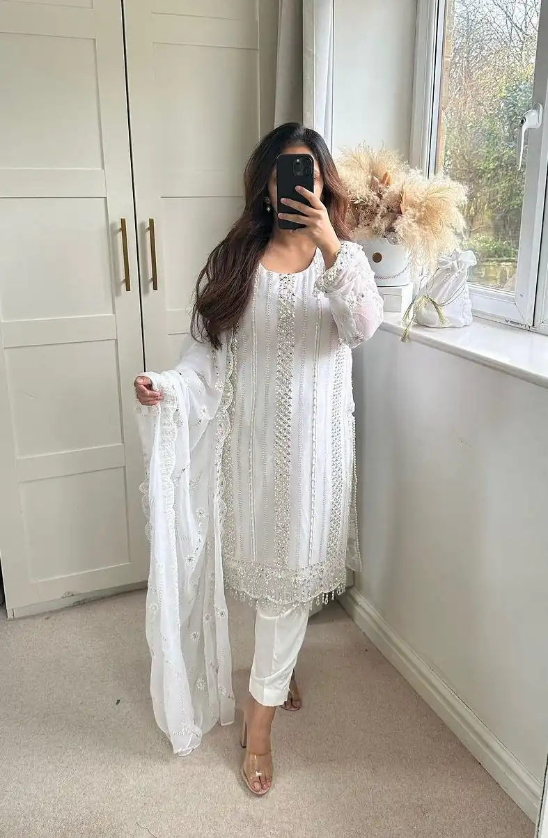 NF 1198 White color Faux Georgette Embroidery Salwar Suit Casual, Wedding, Party, Festive, Events . Expected Delivery 4-6 Working Days @2199 | Jump Suits, Casual Suits, Creative suits, Designer Suits, Palazzo Suits, Party Wear Suits, Patiala Suits, Salwar suit, Straight Suits