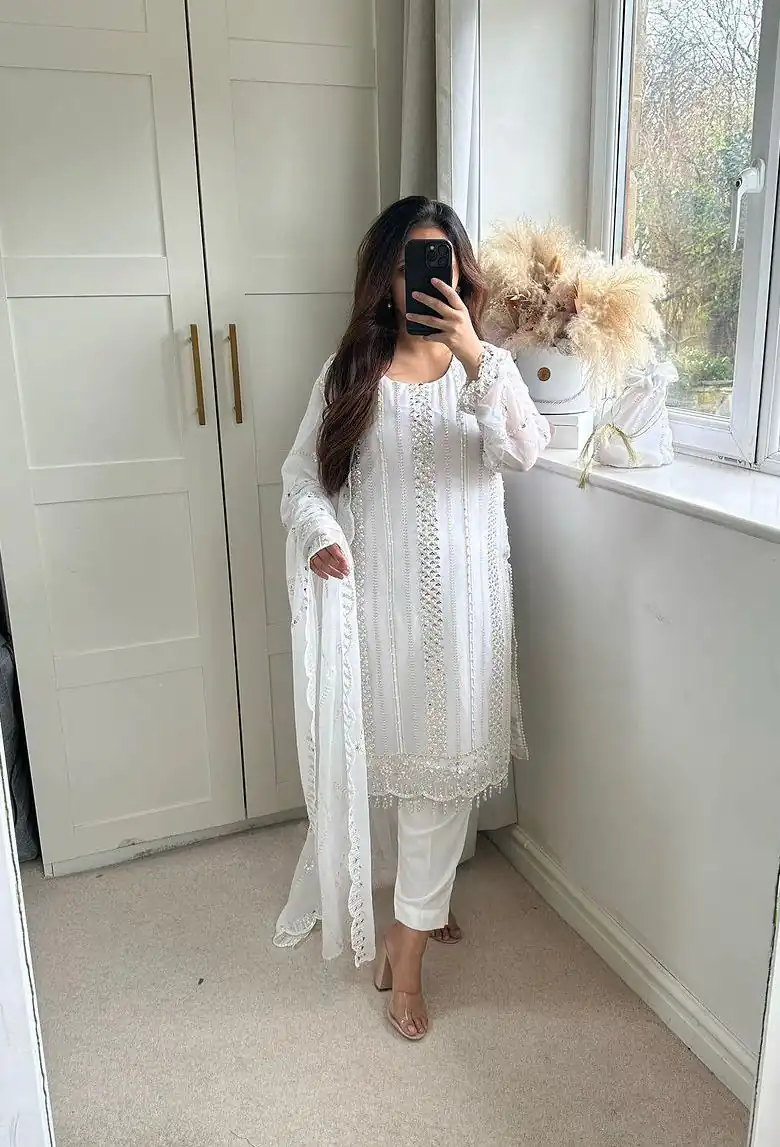 NF 1198 White color Faux Georgette Embroidery Salwar Suit Casual, Wedding, Party, Festive, Events . Expected Delivery 4-6 Working Days @2199 | Jump Suits, Casual Suits, Creative suits, Designer Suits, Palazzo Suits, Party Wear Suits, Patiala Suits, Salwar suit, Straight Suits