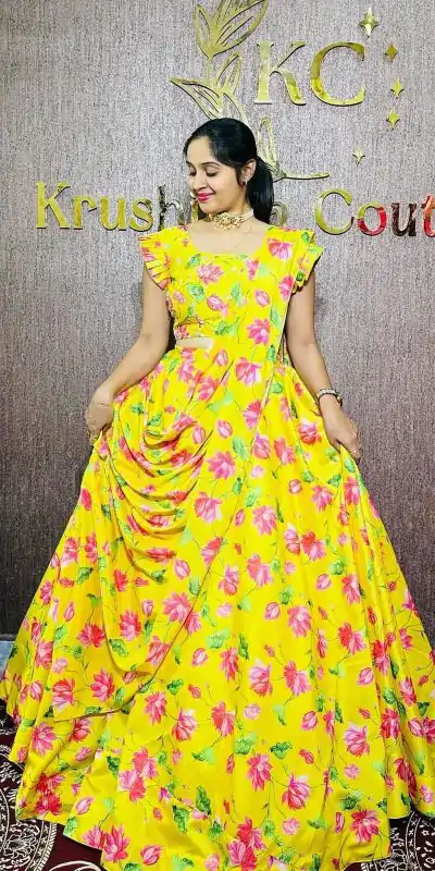 PC 384 Yellow Color Chinon Digital Printed Work Gown Casual, Party Wear, Events, Festivals Wear Expected Delivery 4-6 Working Days @2029/- | Bollywood Gowns, Creative Gowns, Designer Gowns, Embroidered Gowns, Gowns, Party Wear Gowns