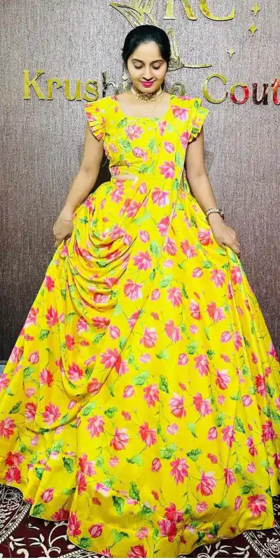 PC 384 Yellow Color Chinon Digital Printed Work Gown Casual, Party Wear, Events, Festivals Wear Expected Delivery 4-6 Working Days @2029/- | Bollywood Gowns, Creative Gowns, Designer Gowns, Embroidered Gowns, Gowns, Party Wear Gowns