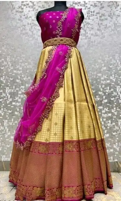 SC Mohini Yellow Color Kanjivaram Silk Zari Design Half Saree , Party Wear, Events, Festivals Expected Delivery 4-6 Working Days 1749/- | Bollywood Lehenga, Creative Lehenga, Designer Lehenga, Embroidered Lehenga, Lehenga, Party Wear Lehenga