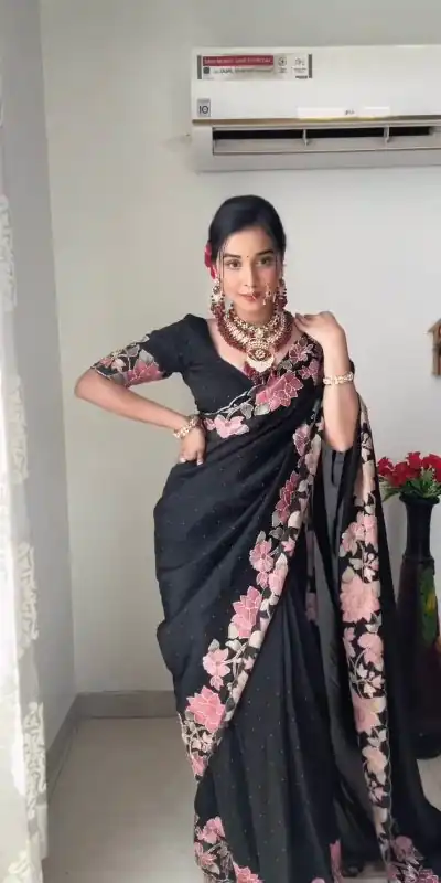KD 403 Black Color Faux Georgette Three With Pearl Work Saree Casual, Party, Wedding, Festive, Events Etc.  Expected Delivery  4-6 Working Days @1799/- | Bollywood Sarees, Creative Sarees, Designer Sarees, Embroidered Sarees, Ethnic Saree, Modern Digital sarees, Party Wear Sarees, Sarees