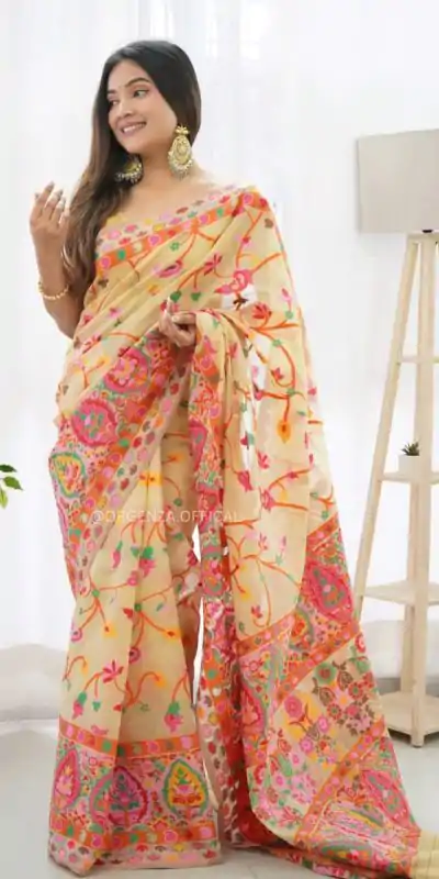 DDF 503 Cream Color Kashmiri Running Thread Zari Work Saree Casual, Party Wear, Events, Festivals Etc. Expected Delivery 4-6 Working Days 2099/- | Bollywood Sarees, Creative Sarees, Designer Sarees, Embroidered Sarees, Ethnic Saree, Modern Digital sarees, Party Wear Sarees, Sarees